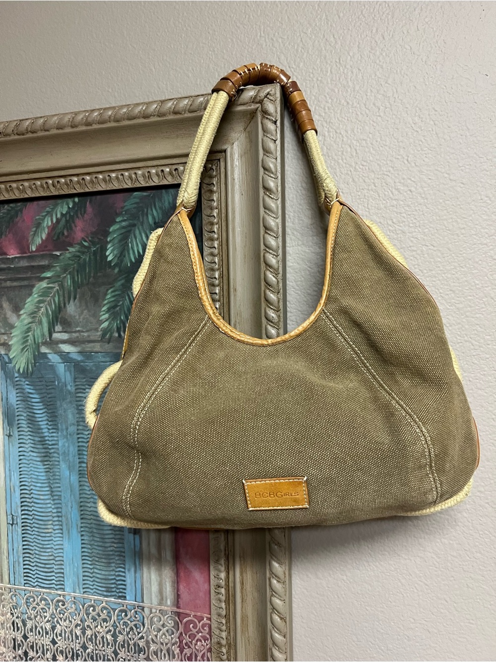 BCBGirls Olive Canvas Hobo with Tan Leather Trim